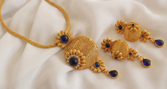 Antique Blue Flower Pendant Necklace Set-dj17278