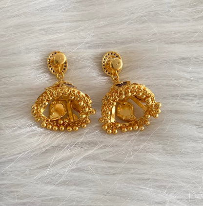 Gold tone kerala style blue mango 4 petal lakshmi jhumkka dj-54316