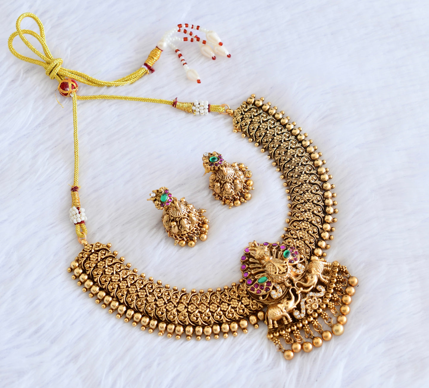 Antique gold tone pink-green-white elephant necklace set dj-53011