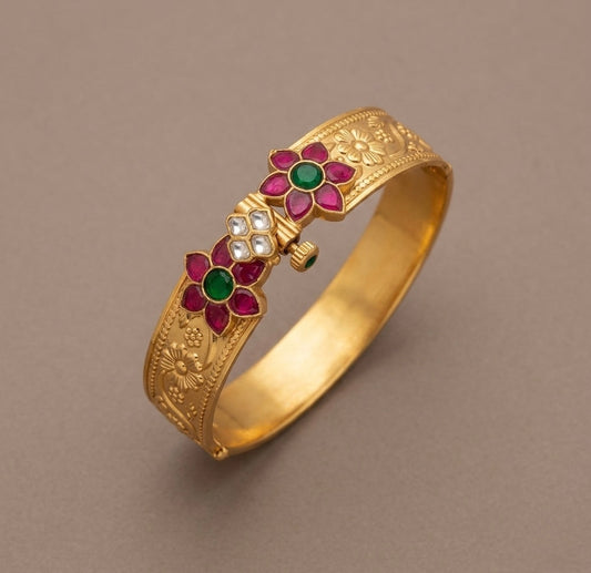 Matte finish pink-green-white Kundan jadau flower screw type kada(2.6) dj-53507