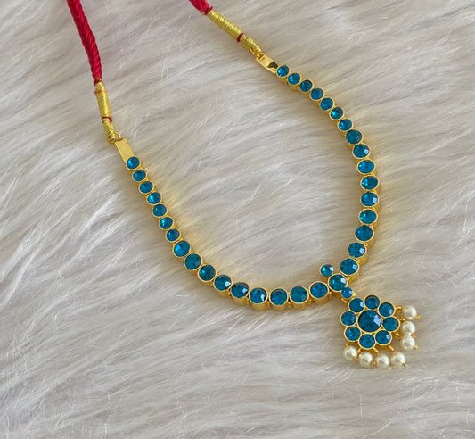 Gold tone AD cerulean blue stone pearl attigai necklace dj-54750