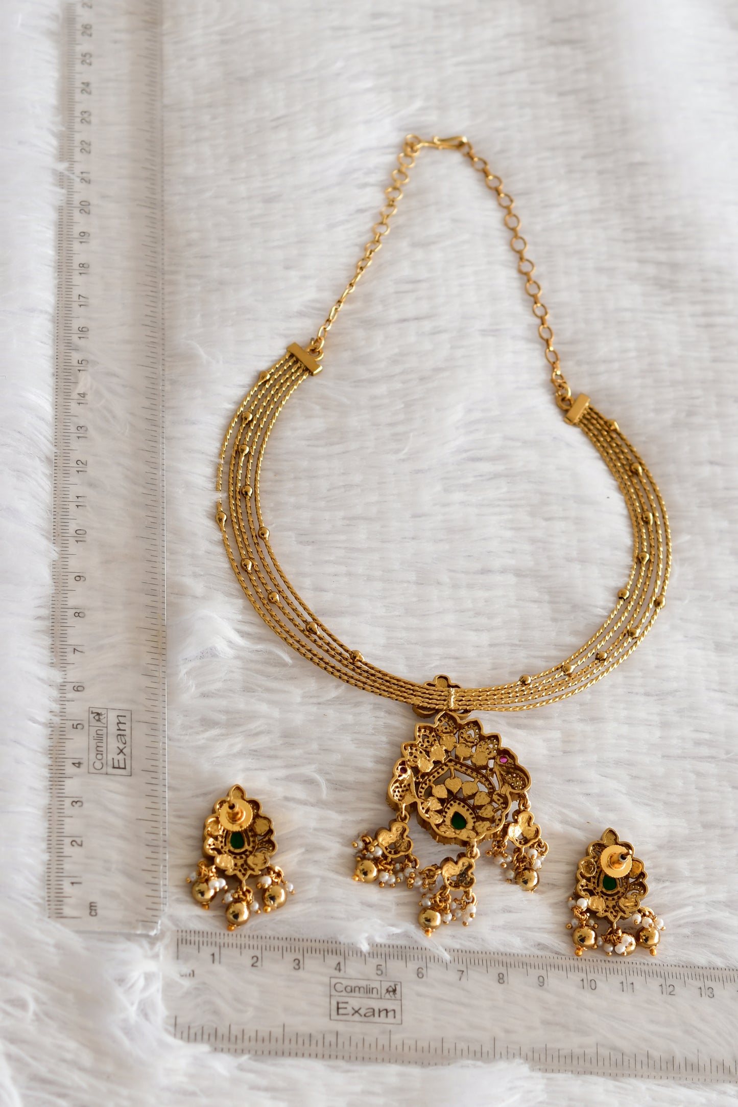 Antique gold tone pink-green kundan jadau kante necklace set dj-52423