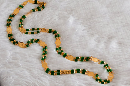 Gold tone 30 inches green beaded Lakshmi coin chain dj-51838