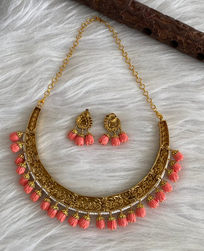 Antique gold tone pink tulip beaded kante necklace set dj-53962