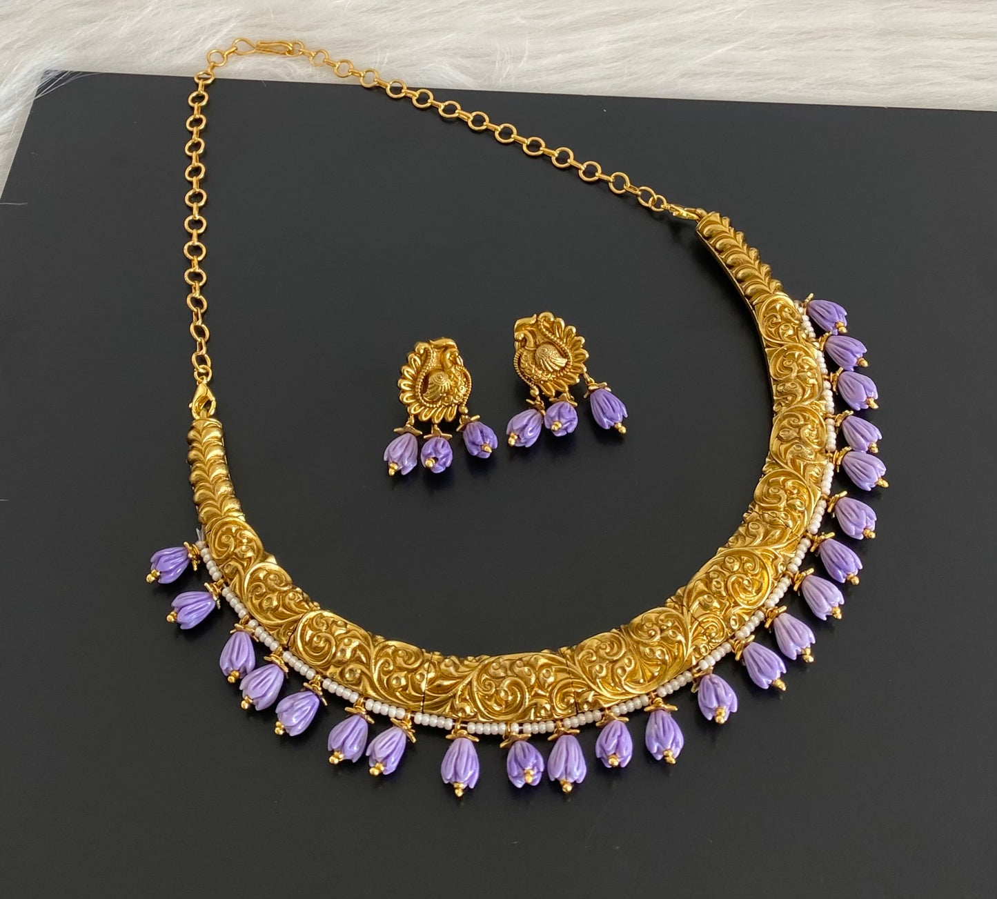 Antique gold tone purple tulip beaded kante necklace set dj-54535