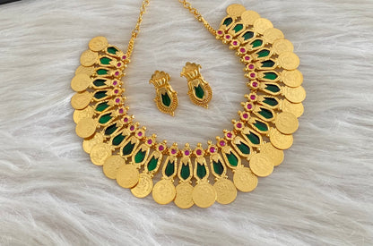 Gold Tone Ruby-green Nagapadam Lakshmi Coin Necklace Set Dj-51121