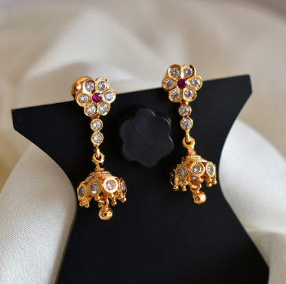 Gold tone ad pink-white south indian flower jhumkka dj-52786