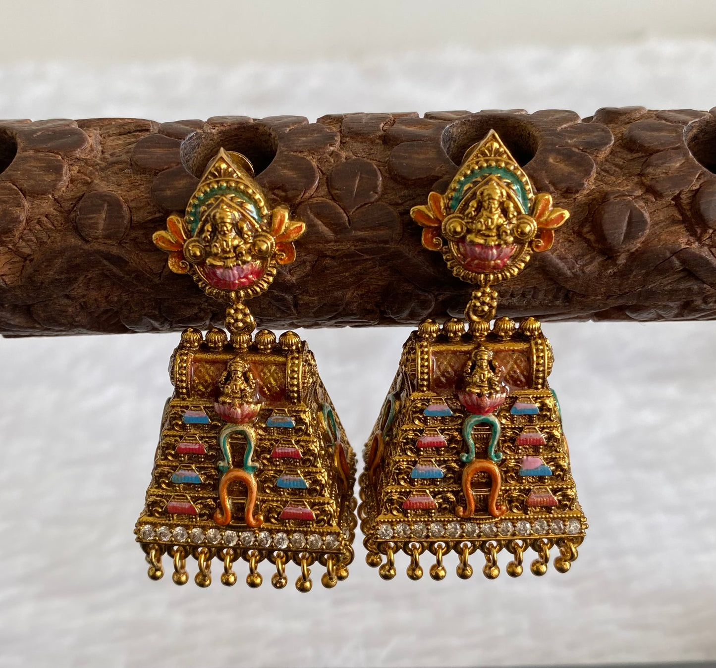 Matte finish pink-orange meenakari Gopuram jhumkka dj-53110