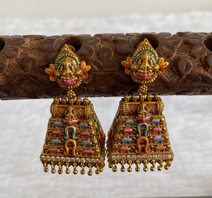 Matte finish pink-orange meenakari Gopuram jhumkka dj-53110