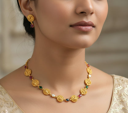 Matte finish navarathna stone peacock necklace set dj-41980