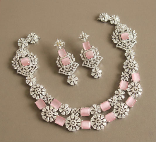 Silver tone cz baby pink double layer necklace set DJ28899