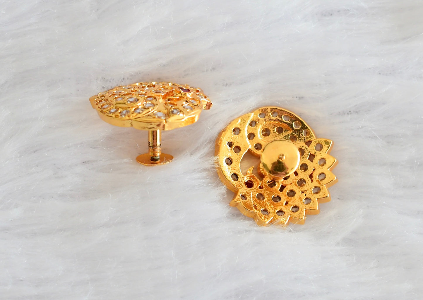 Gold tone AD white-pink south Indian peacock round stad/earrings dj-53348