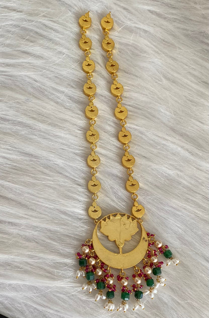 Gold tone kemp-green-white kundan jadau green beaded pearl moon necklace dj-54187