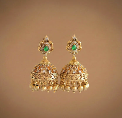 Antique gold tone cz green jhumkka dj-52547