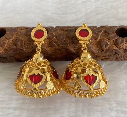 Gold tone kerala style red 5 petals of palakka jhumkka dj-53132