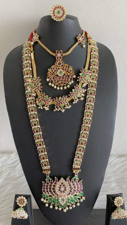 Gold tone precious kemp-green-white pearl lotus bridal set dj-53964