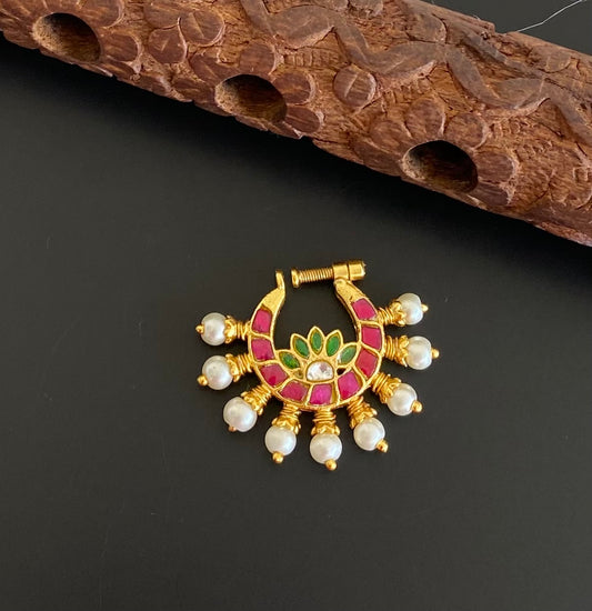 Gold tone kundan jadau pink-green-white stone pearl nose pin dj-53718