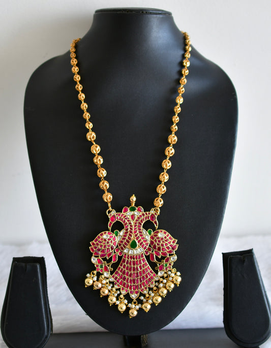 Gold tone pink-green kundan jadau Gandaberunda necklace dj-52595