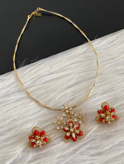 Two tone cz white stone coral pendant set with kanti necklace dj-54249