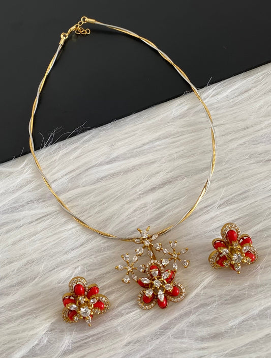 Two tone cz white stone coral pendant set with kanti necklace dj-54393