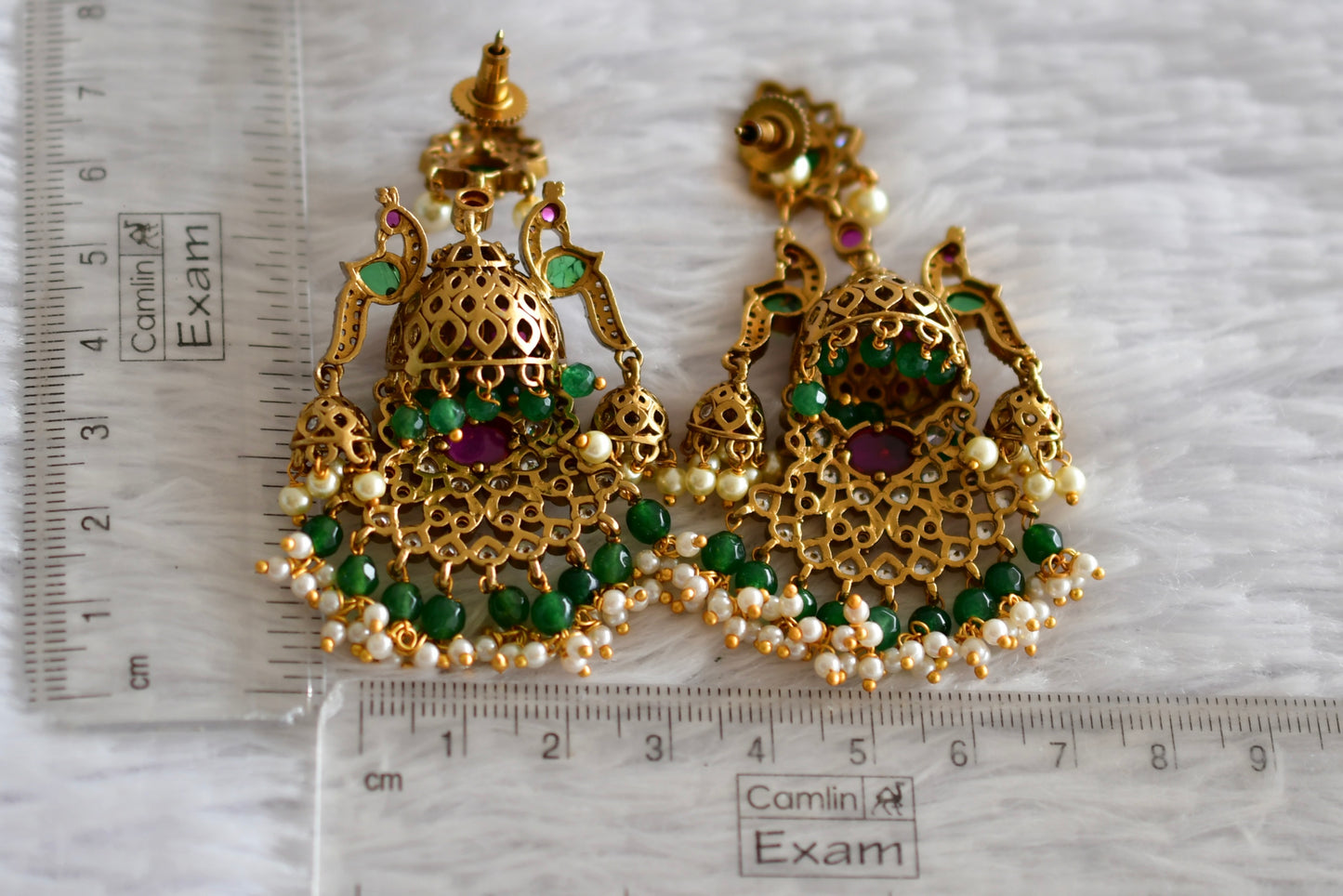 Antique gold tone kemp-green pearl bali peacock jhumkka dj-51865