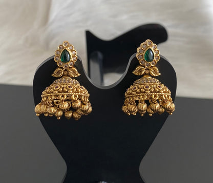 Antique gold tone kemp-green-white stone jhumkka dj-54638