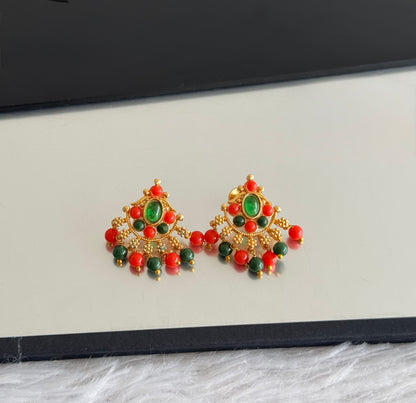 Gold tone coral-green beaded stud/earrings dj-51615