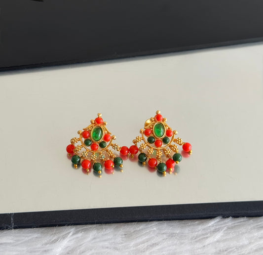 Gold tone coral-green beaded stud/earrings dj-51615