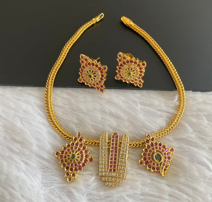 Matte finish ruby-green-white stone shanku-chakra-nama necklace set dj-52903
