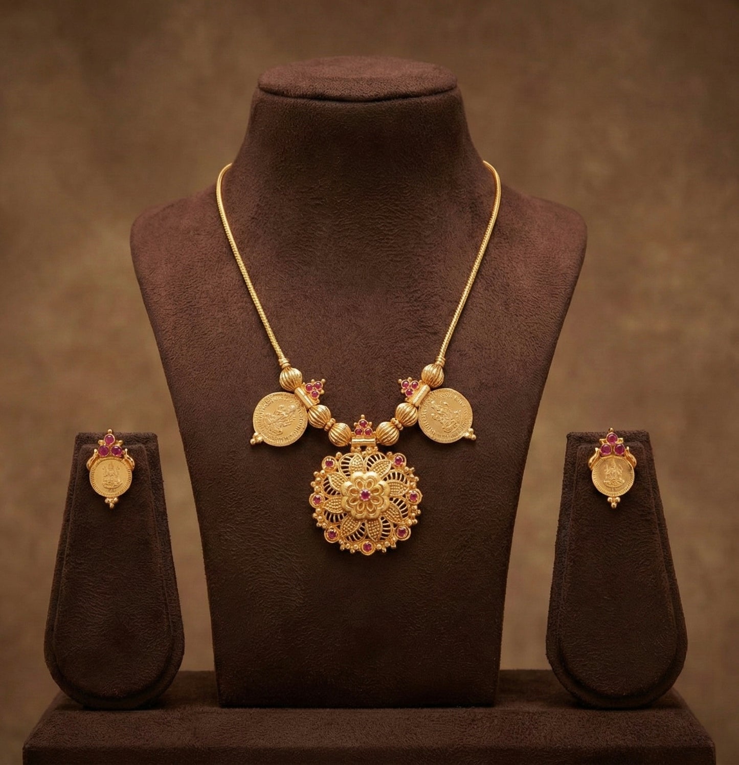 Gold tone kerala style ruby lakshmi coin flower necklace set dj-52683