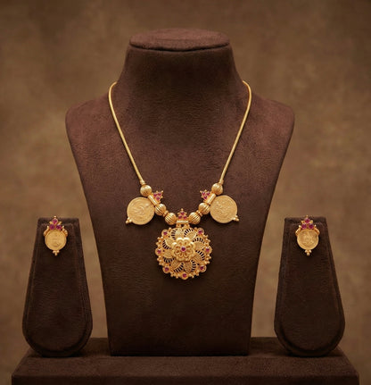 Gold tone kerala style ruby lakshmi coin flower necklace set dj-52683