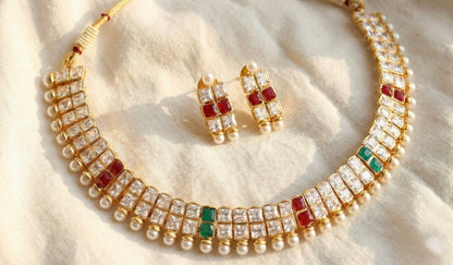 Gold tone Polki ruby-green square stone necklace Set - Dj-17214