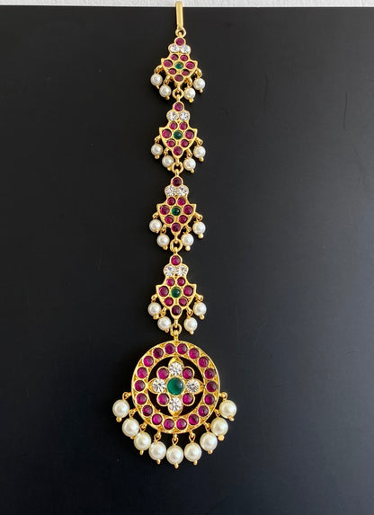 Gold tone precious kemp-green-white pearl tikka dj-53366