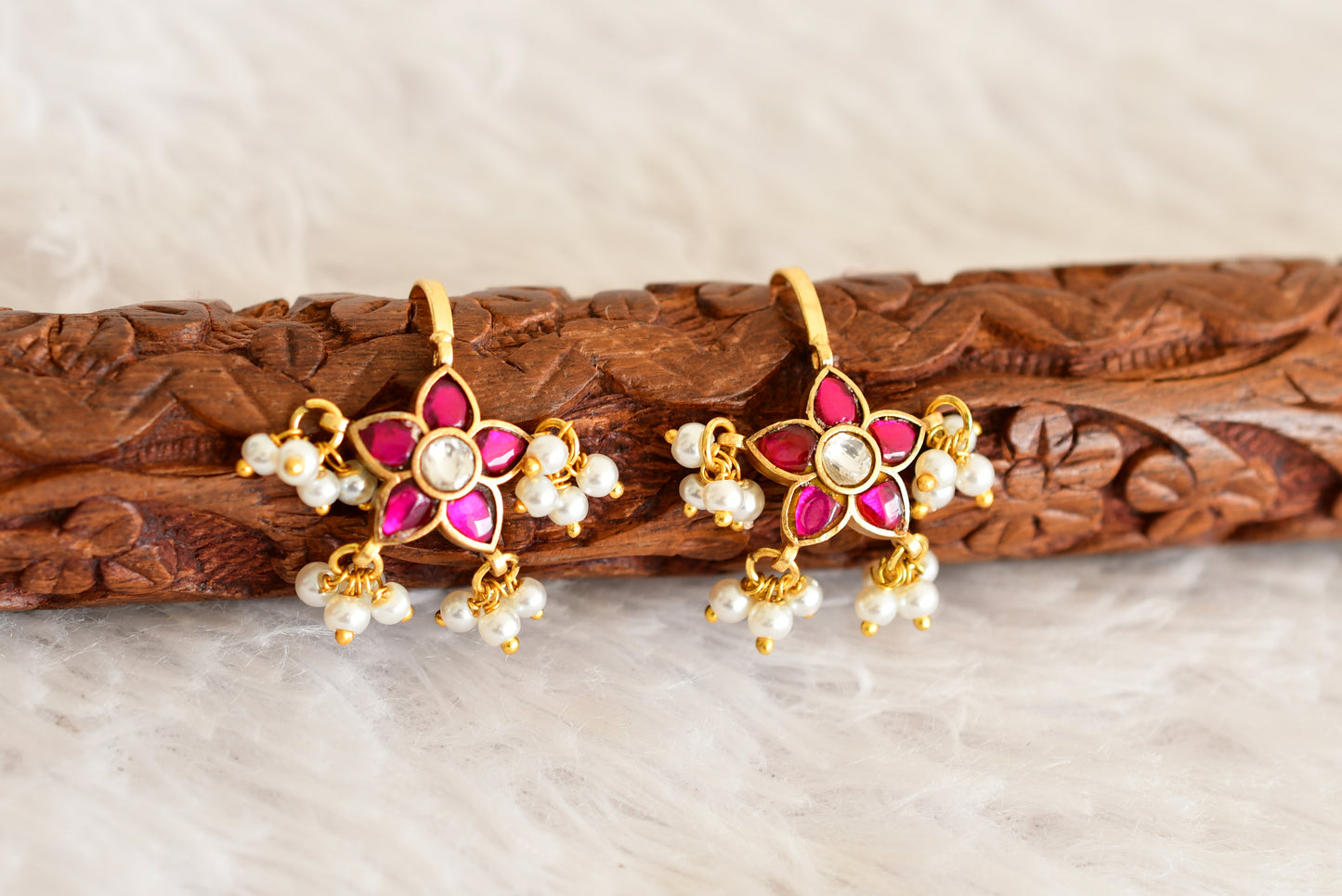 Gold tone pink-white kundan jadau flower bugadi earrings dj-52483