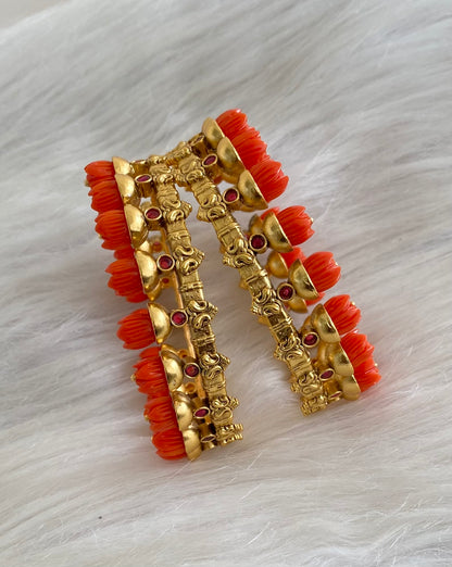 Antique gold tone coral red tulip beaded bangles fits(2.8 for 2.10) dj-55155