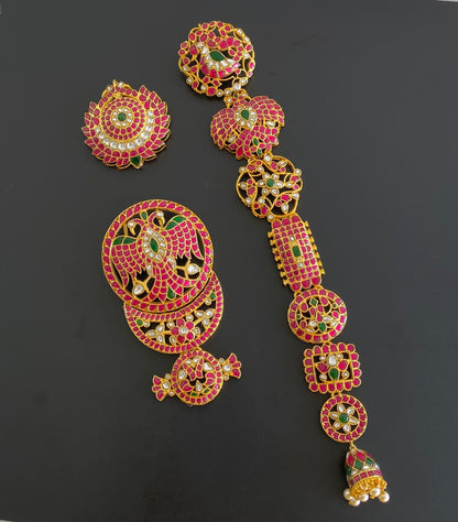 Gold tone 5 in 1 ganda berunda kundan jadau long jadai hair jewel dj-55056