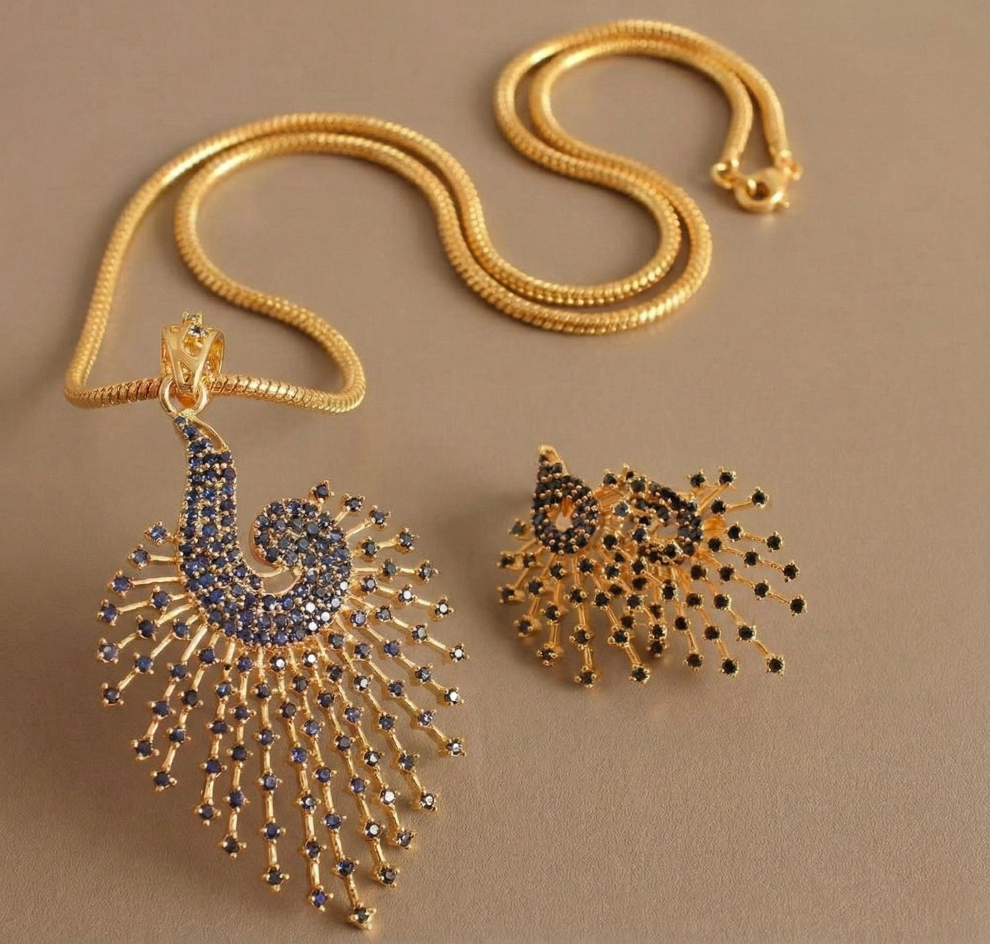 Gold tone royal blue peacock necklace set-dj07535