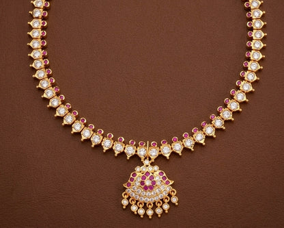 Gold tone AD white-pink stone south indian necklace dj-53331
