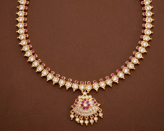 Gold tone AD white-pink stone south indian necklace dj-53331