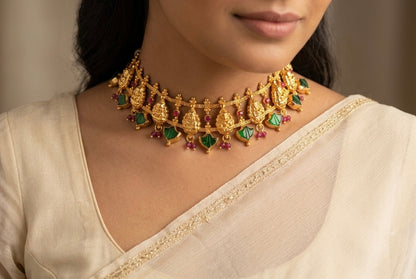 Gold tone kerala style pink-green palakka lakshmi choker necklace dj-54276