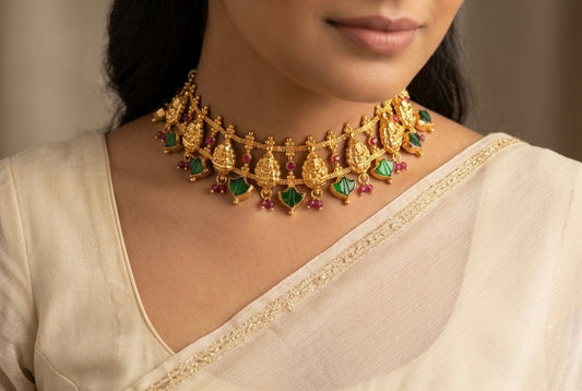 Gold tone kerala style pink-green palakka lakshmi choker necklace dj-54276