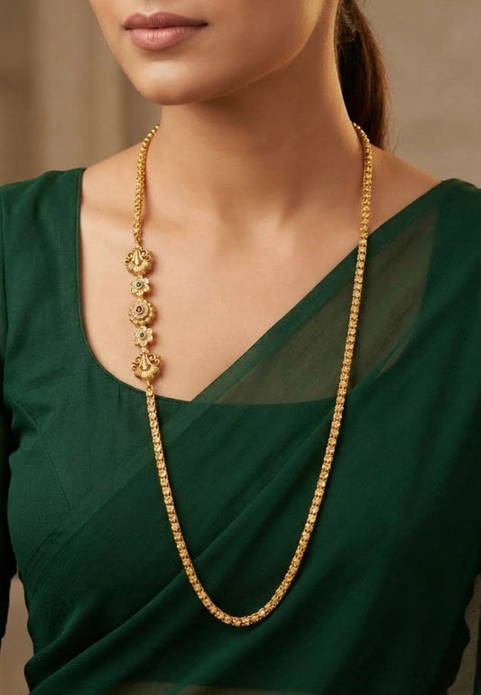Antique gold tone pink-green-white stone mugappu chain dj-54798