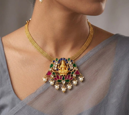 Antique gold tone blue-pink-green kundan jadau pearl lakshmi necklace dj-54180