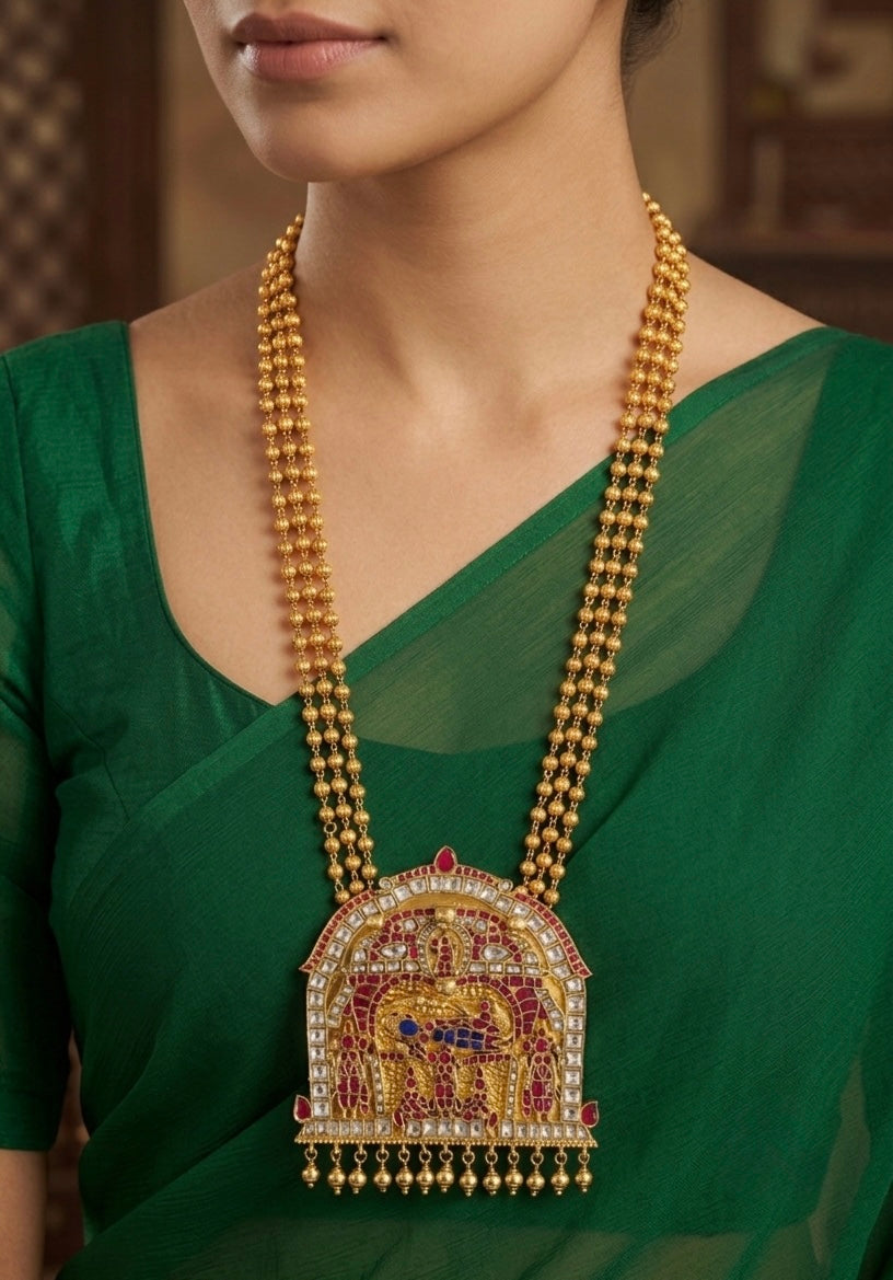 Antique gold tone pink-blue-white kundan jadau shri ranganathar necklace dj-54305
