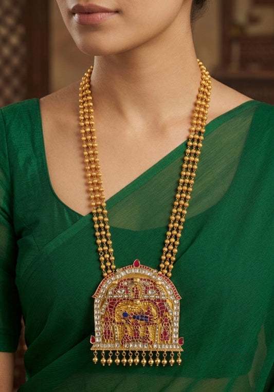 Antique gold tone pink-blue-white kundan jadau shri ranganathar necklace dj-54305