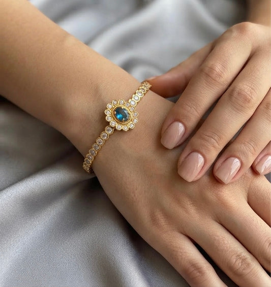 Gold tone AD white blue stone diamond look alike bangle/kada(2.10) Dj-54870