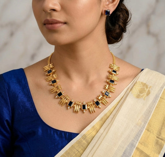 Gold tone blue block stone kerala style mulla mottu necklace set dj-47872