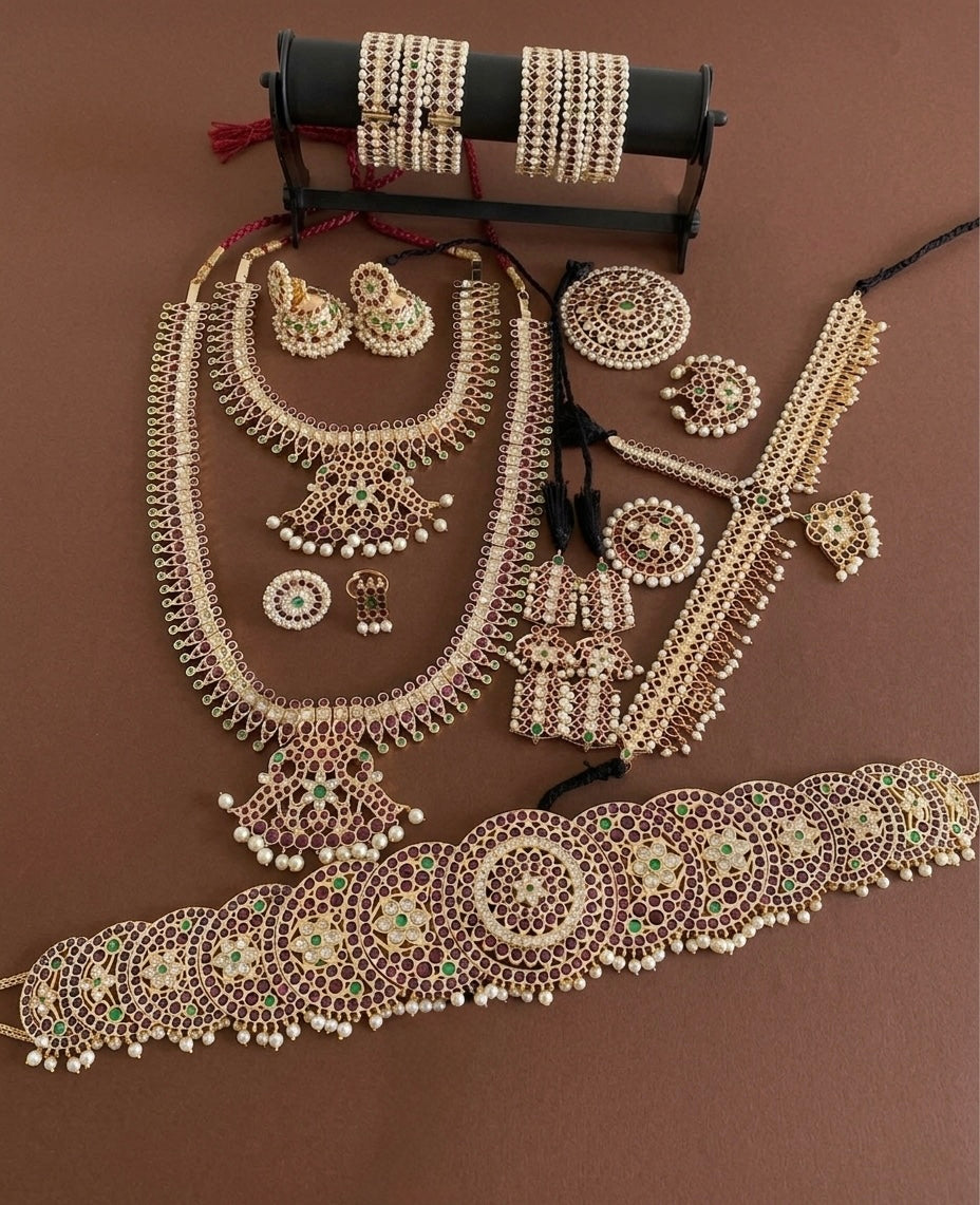 Gold tone precious kemp-green-white pearl peacock bridal set dj-53965