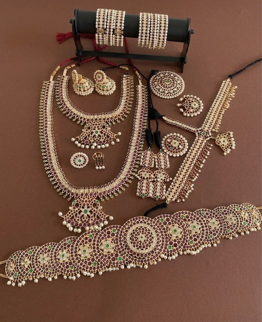 Gold tone precious kemp-green-white pearl peacock bridal set dj-53965