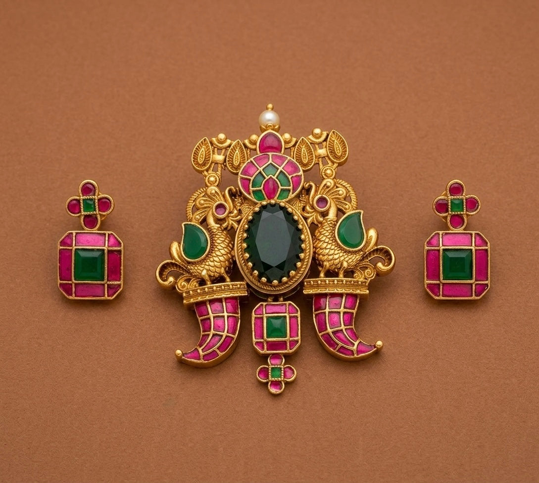 Antique gold tone pink-green kundan jadau peacock pendant set dj-54171